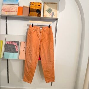 Moschino Vintage Orange Denim, Gold Flower and Peace Sign Hardware, size 27"
